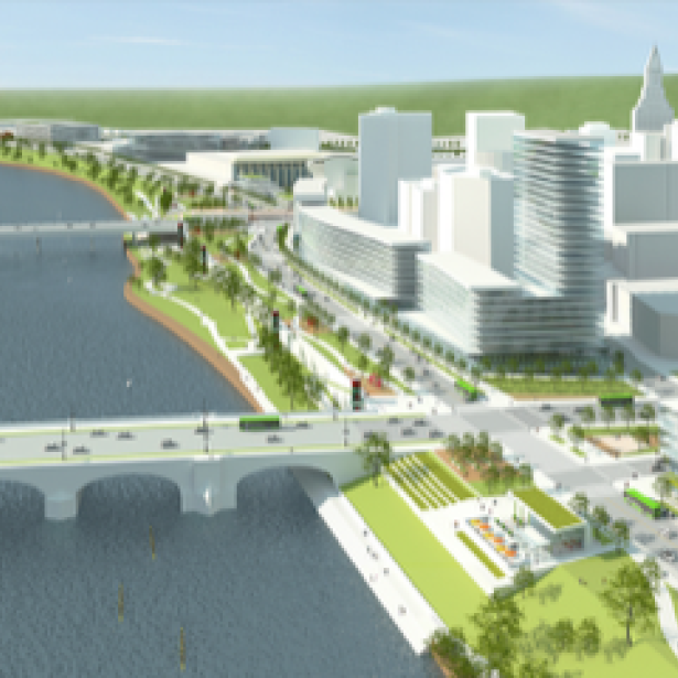 A rendering of Hartford with a revamped riverbank