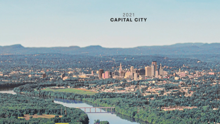A view of Hartford's skyline, captioned Capital City